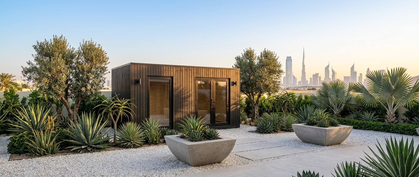 Modern shed design in a desert landscape at sunset